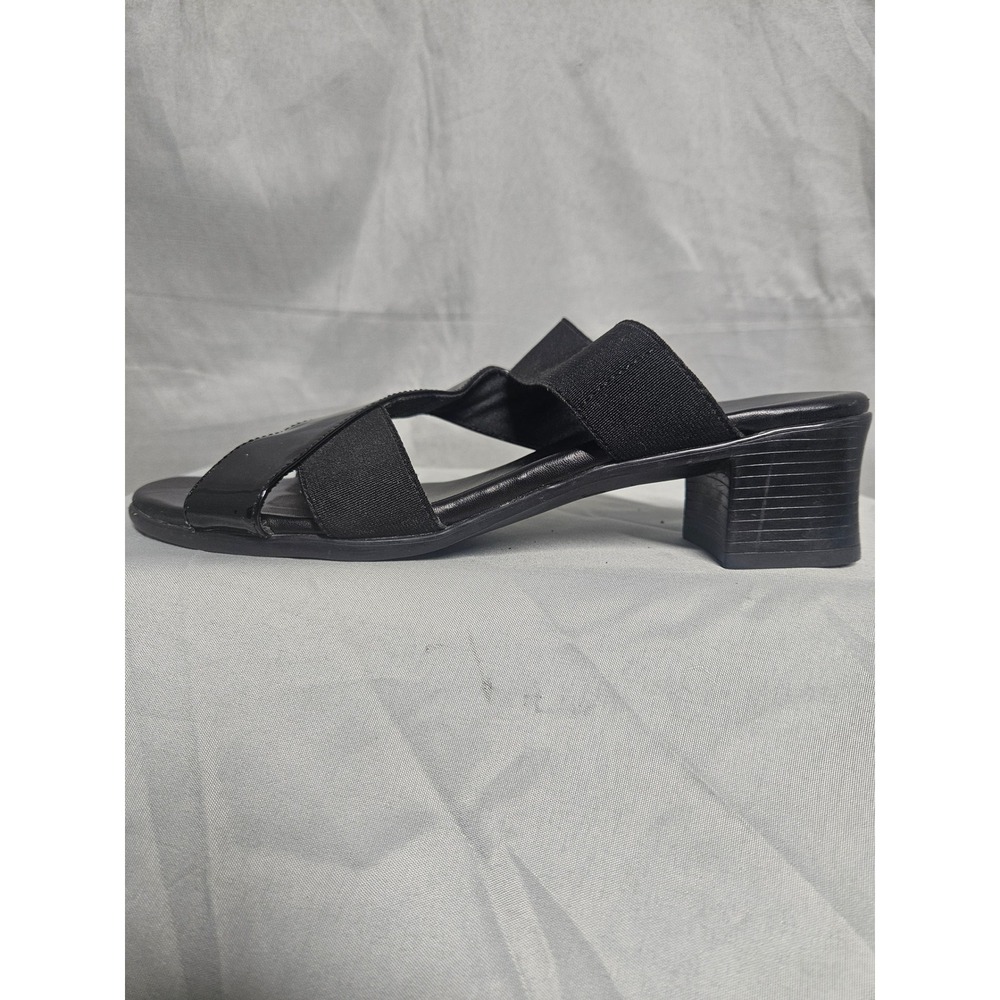 Munro American Womens 6.5 WW Black Patent Elastic Low Block Heel Slide Sandals - Picture 2 of 8